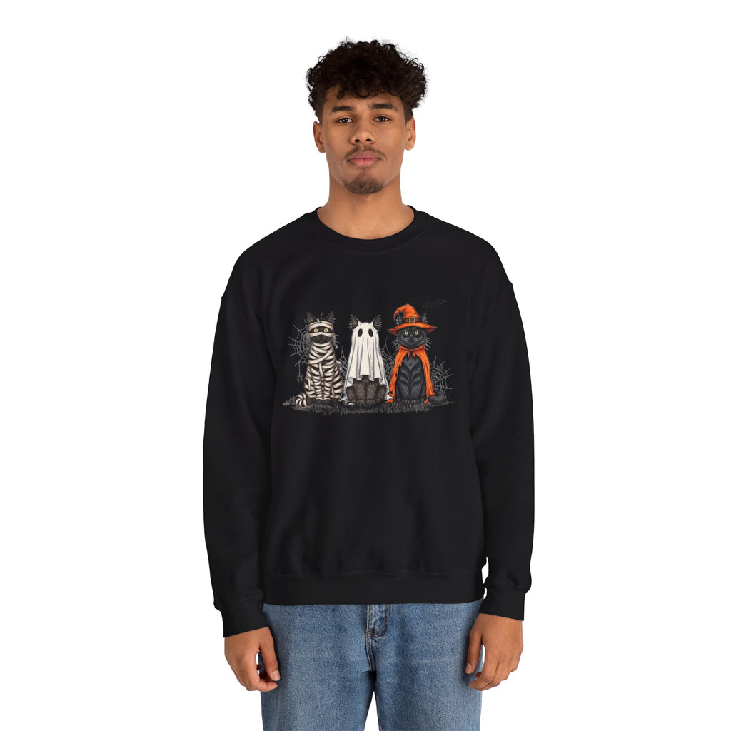 ORVIAN — Halloween Cats & Ghosts Crewneck, Spooky Cute Black Cat Unisex Sweatshirt
