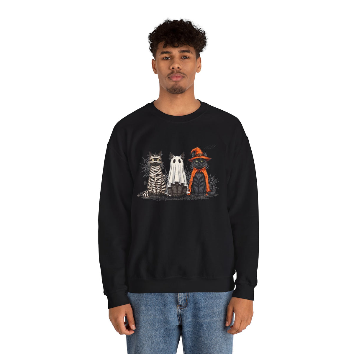 ORVIAN — Halloween Cats & Ghosts Crewneck, Spooky Cute Black Cat Unisex Sweatshirt