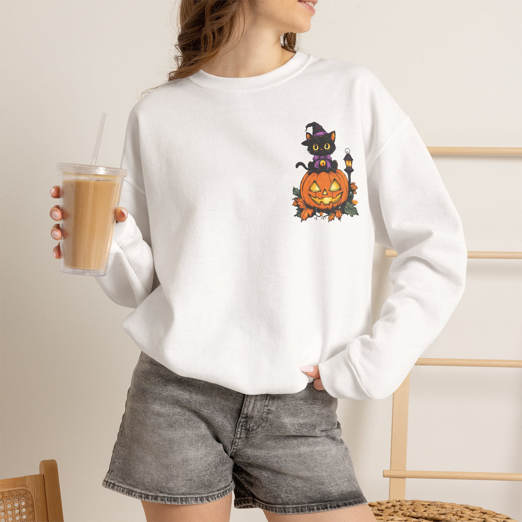ORVIAN — Witch Cat Halloween Crewneck, Flying Black Cat & Pumpkin Patch Unisex Sweatshirt