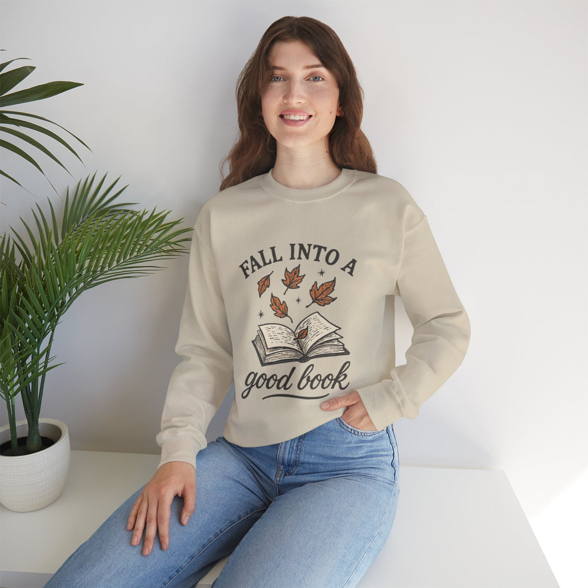 ORVIAN — Fall Into a Good Book Ghost Crewneck, Cozy Autumn Book Lover Unisex Heavy Blend