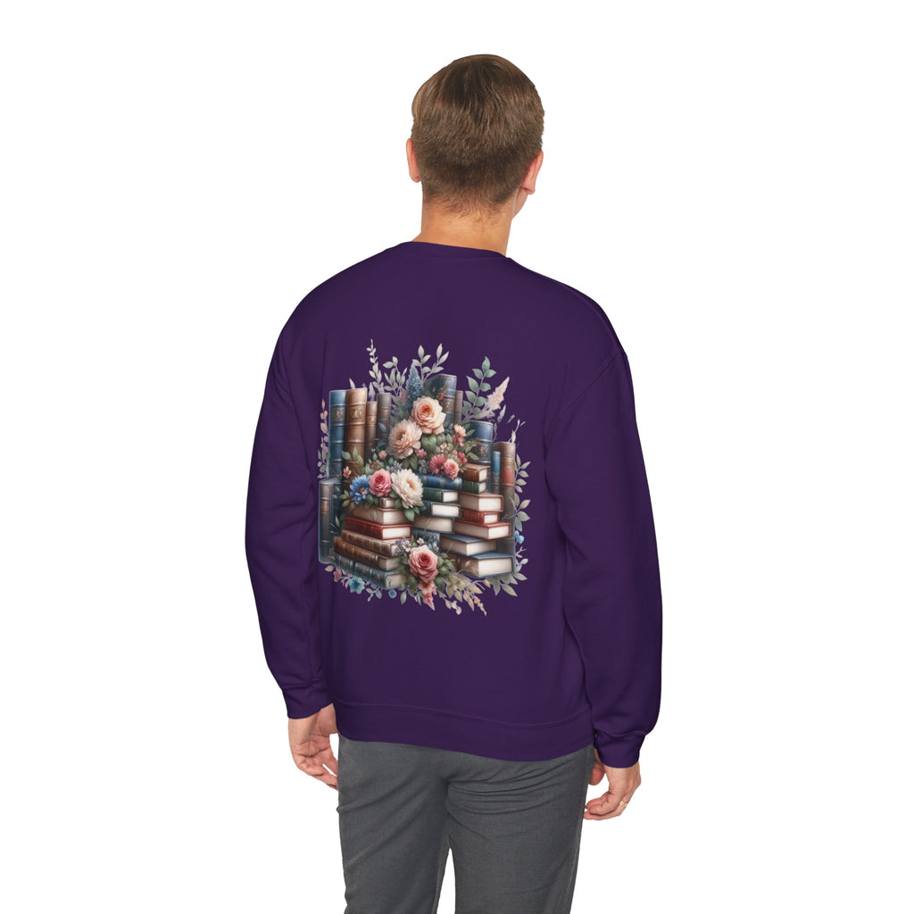 ORVIAN — Blue Watercolor Floral Book Crewneck, Open Book Wildflower Literary Unisex Heavy Blend