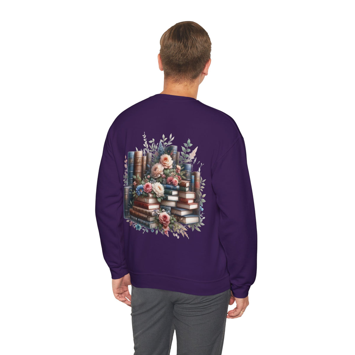 ORVIAN — Blue Watercolor Floral Book Crewneck, Open Book Wildflower Literary Unisex Heavy Blend