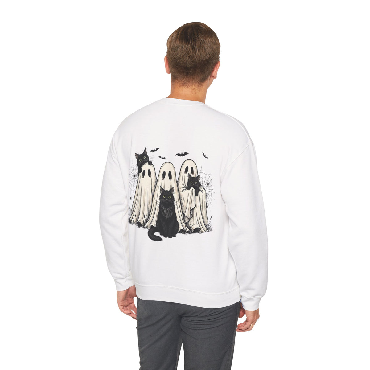ORVIAN — Halloween Cats & Ghosts Crewneck, Spooky Cute Black Cat Unisex Sweatshirt