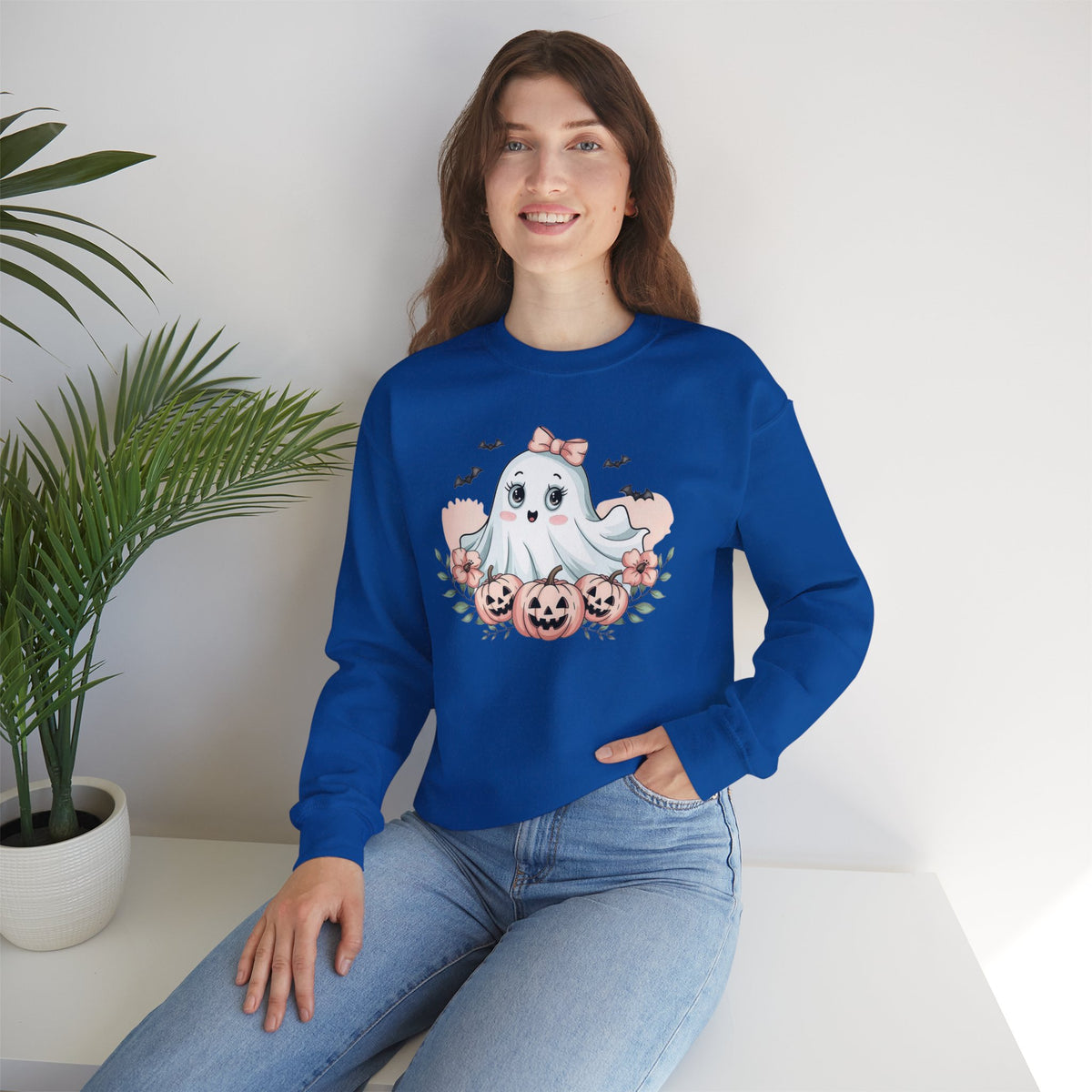 ORVIAN — Pink Halloween Coquette Ghost Crewneck, Bow & Pumpkin Unisex Heavy Blend