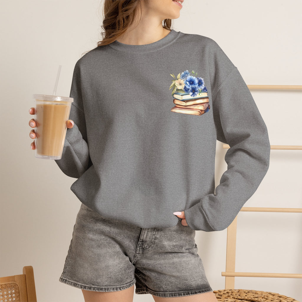 ORVIAN — Blue Watercolor Floral Book Crewneck, Open Book Wildflower Literary Unisex Heavy Blend