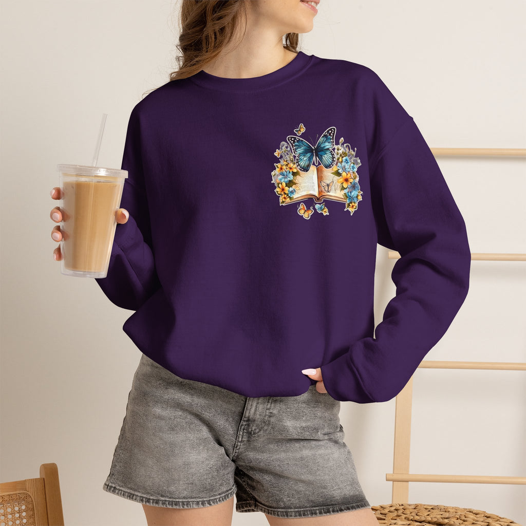 ORVIAN — Watercolor Floral Book & Butterfly Crewneck, Literary Nature Unisex Heavy Blend