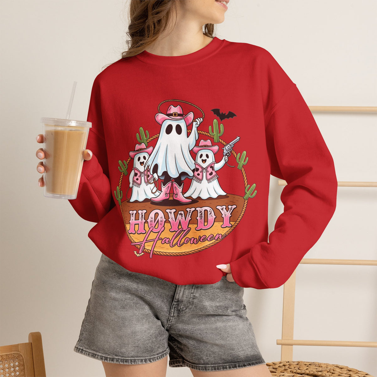 ORVIAN — Howdy Halloween Ghost Cowboy Crewneck, Pink Cowboo Western Unisex Heavy Blend