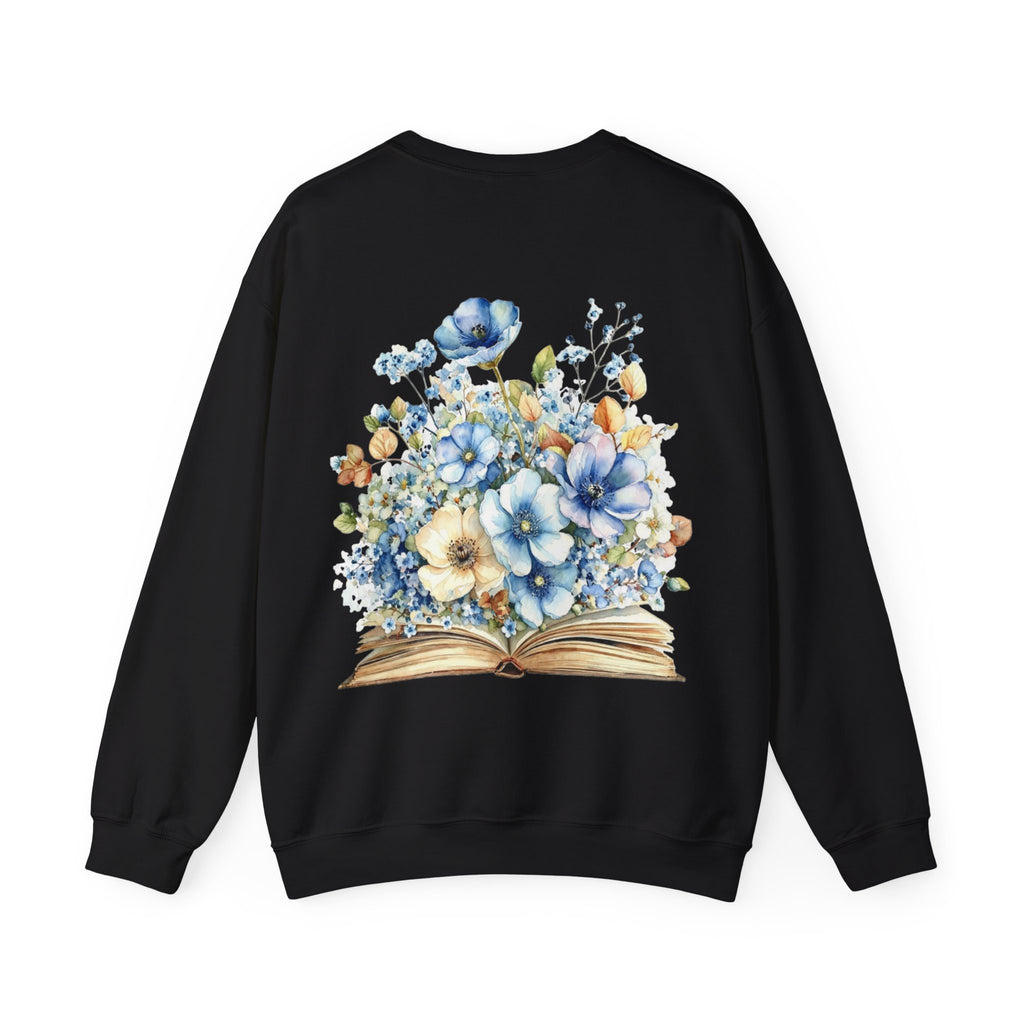 ORVIAN — Blue Watercolor Floral Book Crewneck, Open Book Wildflower Literary Unisex Heavy Blend