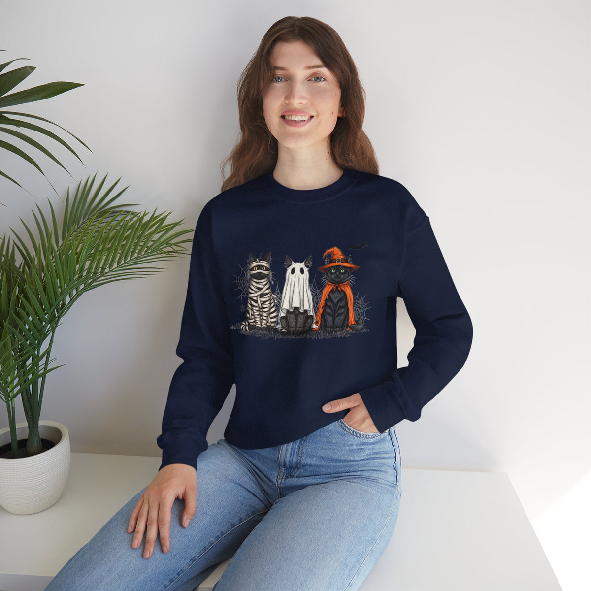 ORVIAN — Halloween Cats & Ghosts Crewneck, Spooky Cute Black Cat Unisex Sweatshirt