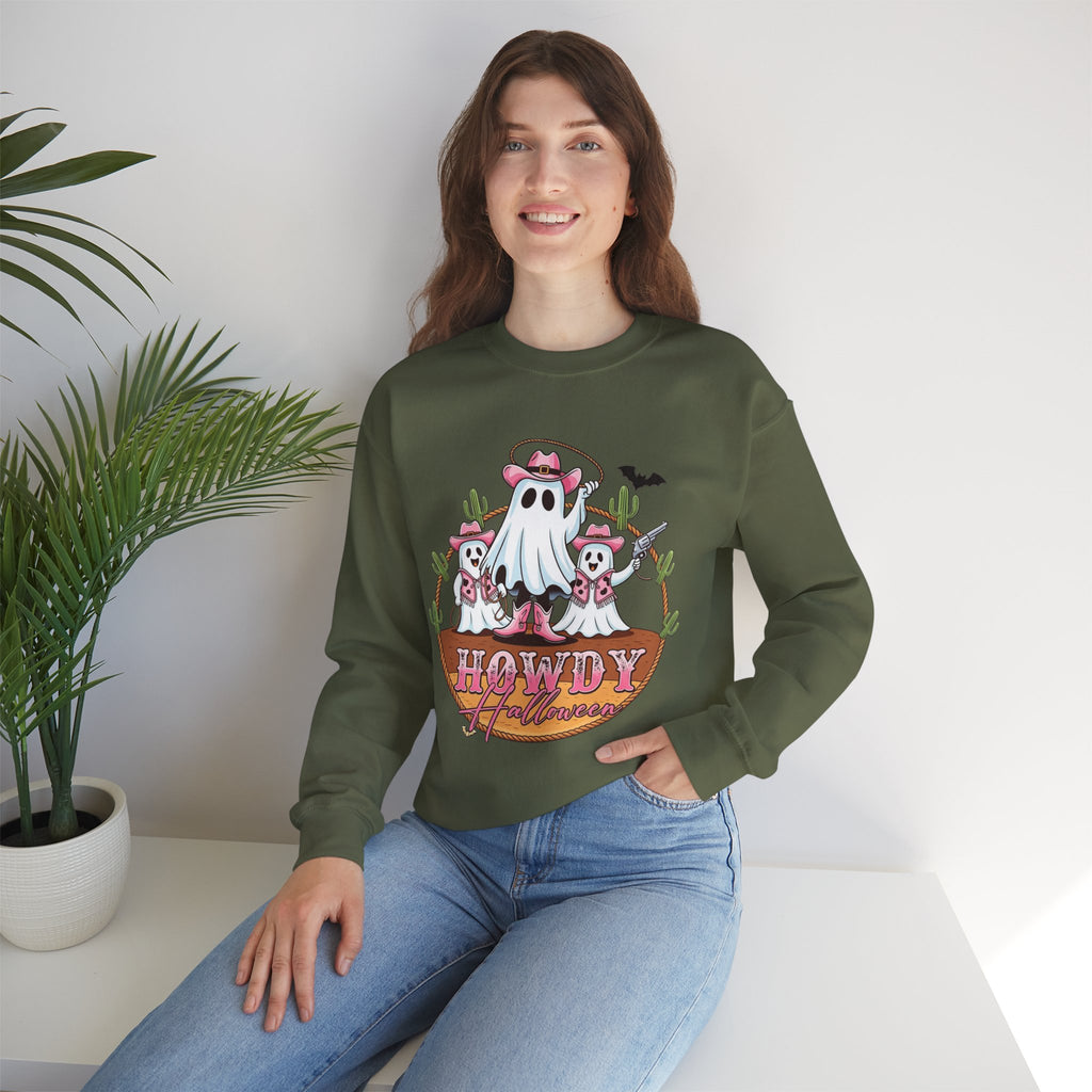 ORVIAN — Howdy Halloween Ghost Cowboy Crewneck, Pink Cowboo Western Unisex Heavy Blend