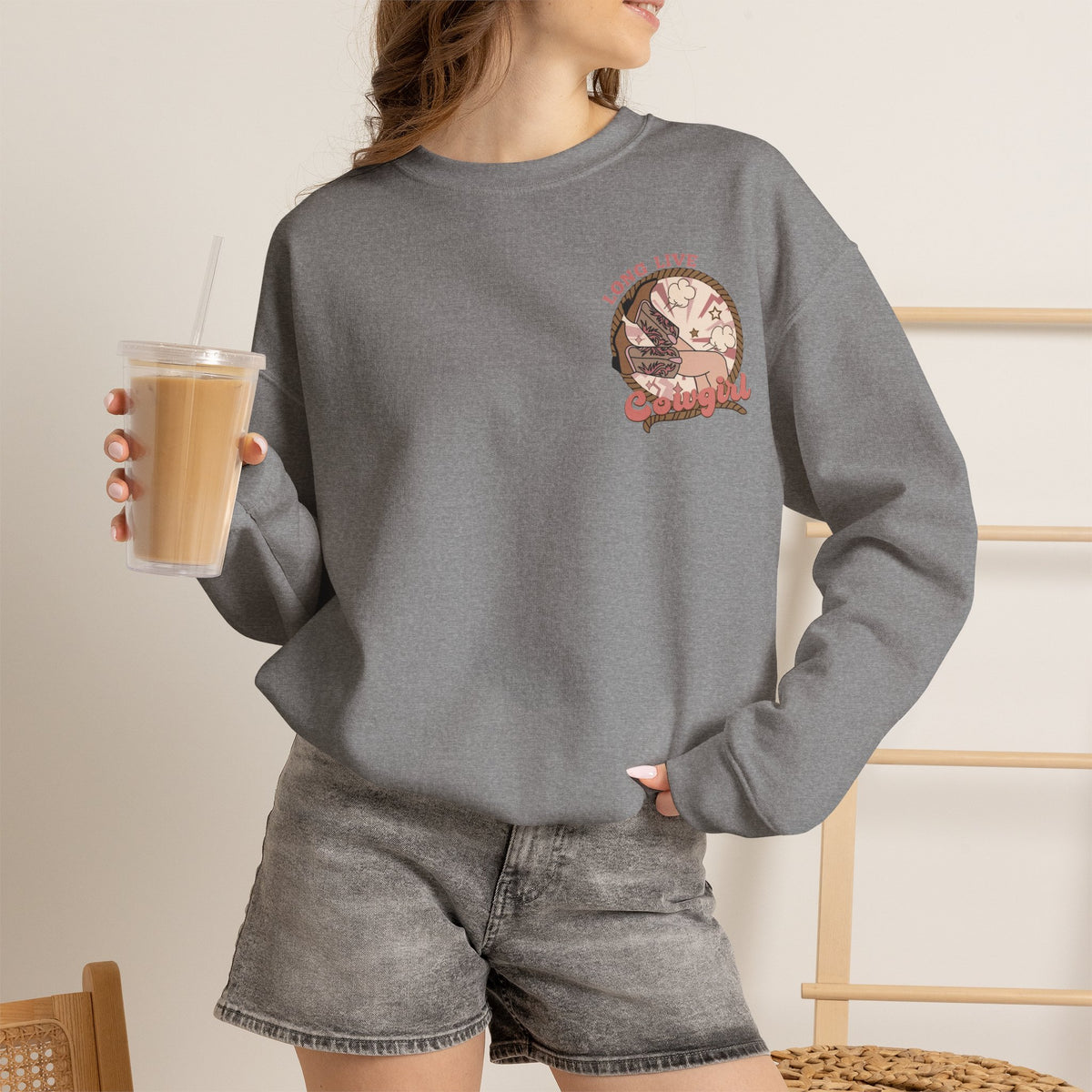 ORVIAN — Howdy Cowgirls Western Crewneck, Leopard Lightning Bolt & Cowgirl Boots Unisex Heavy Blend