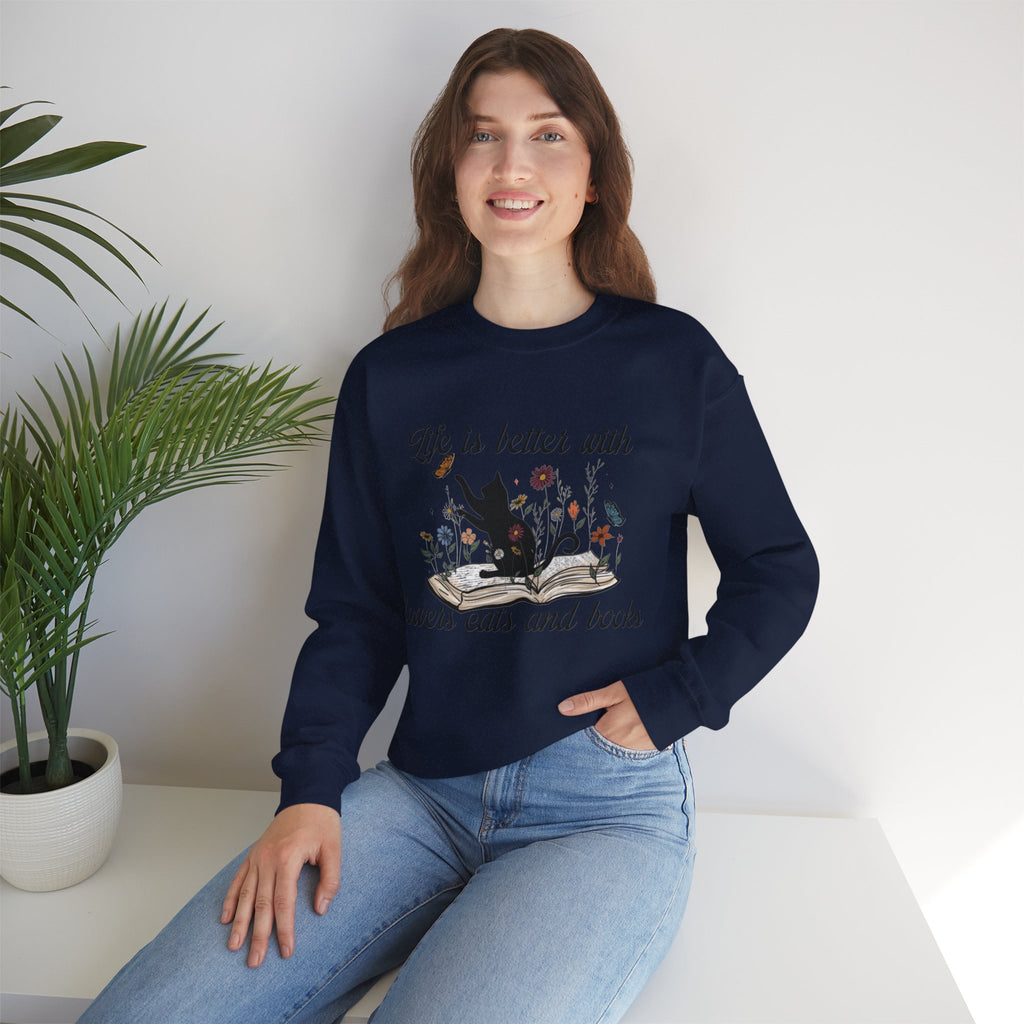 ORVIAN — Life Is Better With Flowers, Cats & Books Crewneck, Black Cat Book Stack Unisex