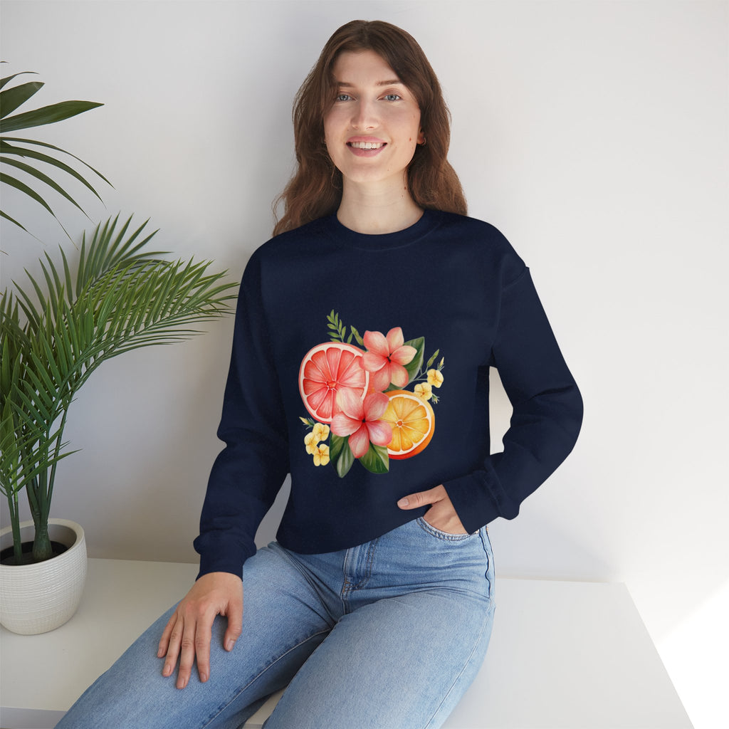 ORVIAN — Tropical Citrus & Pink Floral Crewneck, Grapefruit Orange Watercolor Unisex Heavy Blend