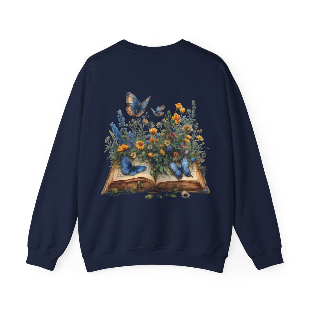 ORVIAN — Watercolor Floral Book & Butterfly Crewneck, Literary Nature Unisex Heavy Blend