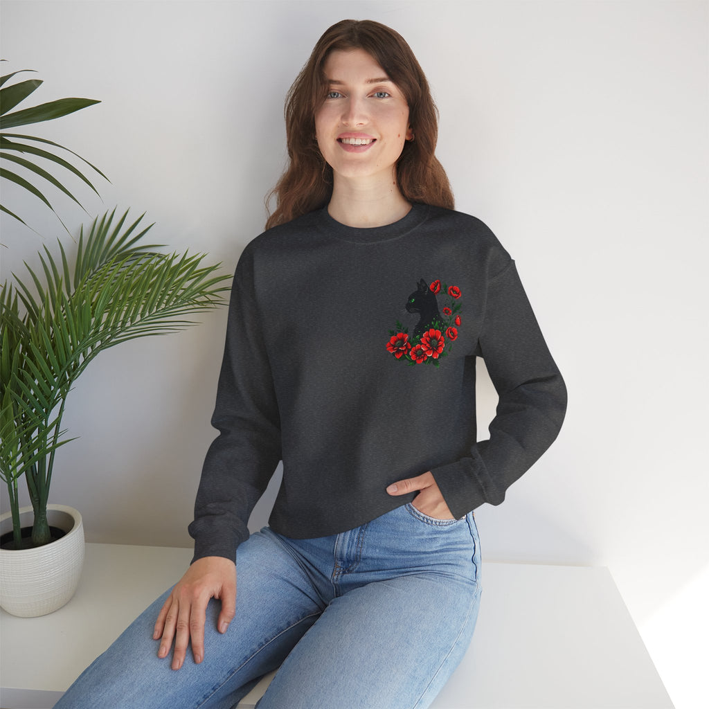 ORVIAN — Black Cat & Red Poppies Floral Crewneck, Elegant Nature Unisex Heavy Blend