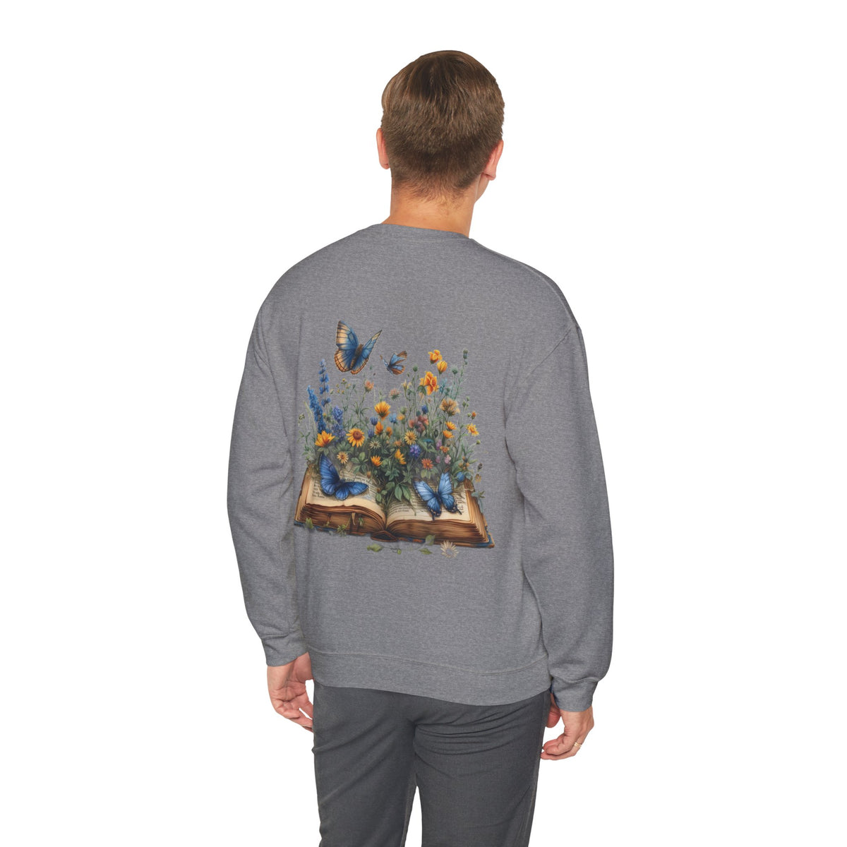 ORVIAN — Watercolor Floral Book & Butterfly Crewneck, Literary Nature Unisex Heavy Blend