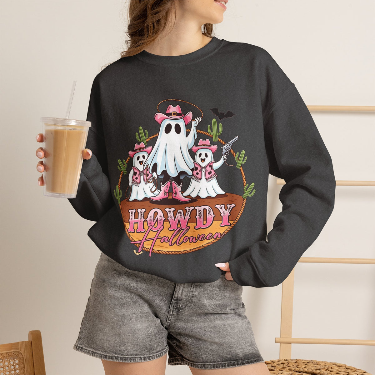 ORVIAN — Howdy Halloween Ghost Cowboy Crewneck, Pink Cowboo Western Unisex Heavy Blend