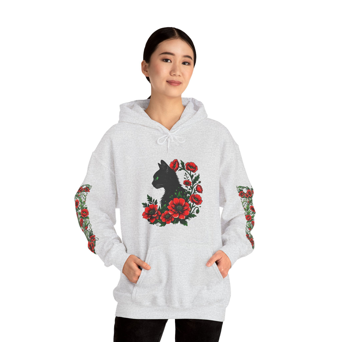 ORVIAN — Black Cat & Red Poppies Unisex Heavy Blend Hoodie