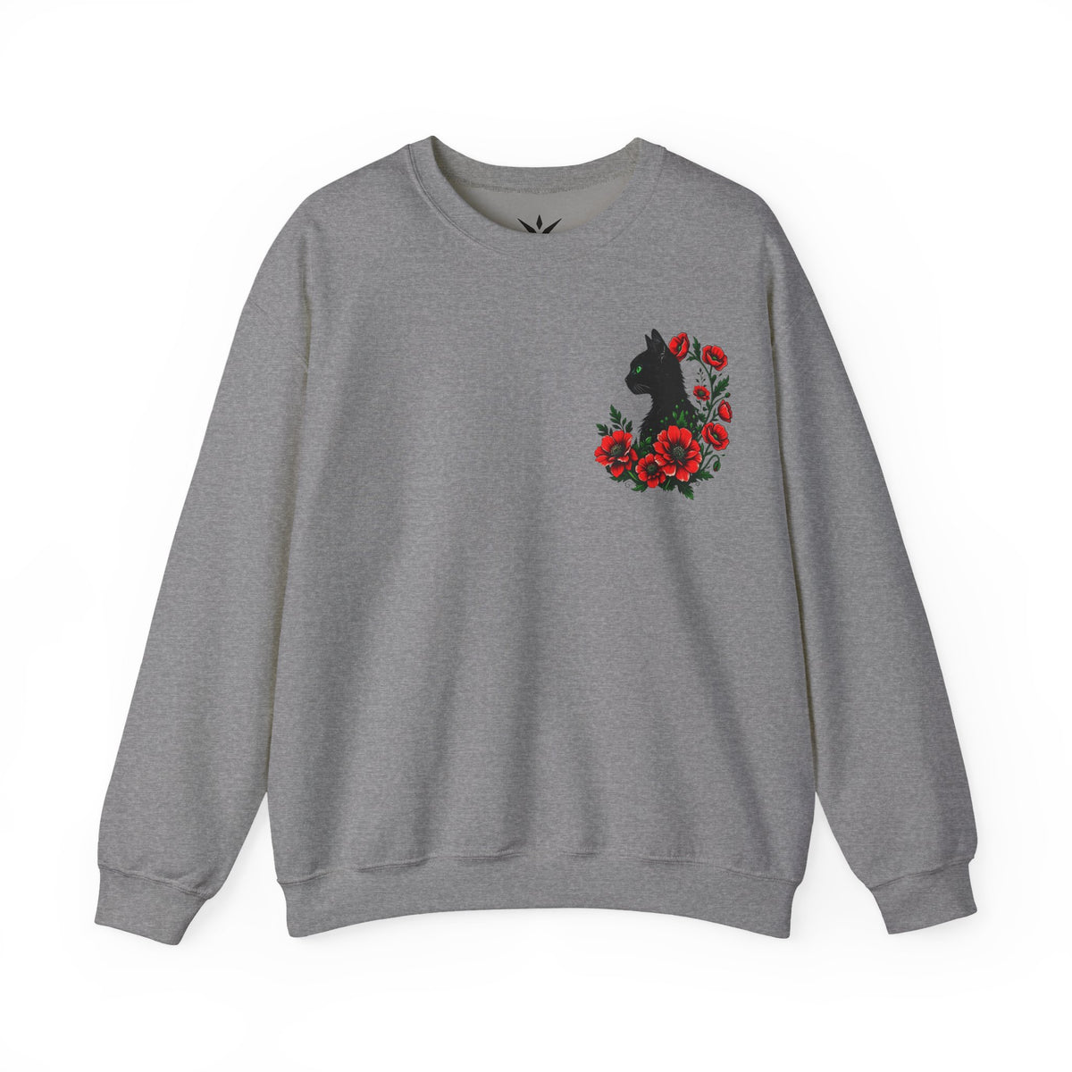 ORVIAN — Black Cat & Red Poppies Floral Crewneck, Elegant Nature Unisex Heavy Blend