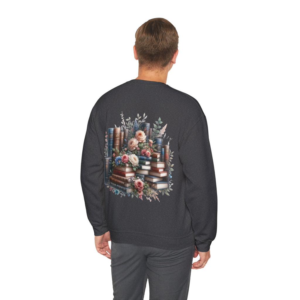 ORVIAN — Blue Watercolor Floral Book Crewneck, Open Book Wildflower Literary Unisex Heavy Blend