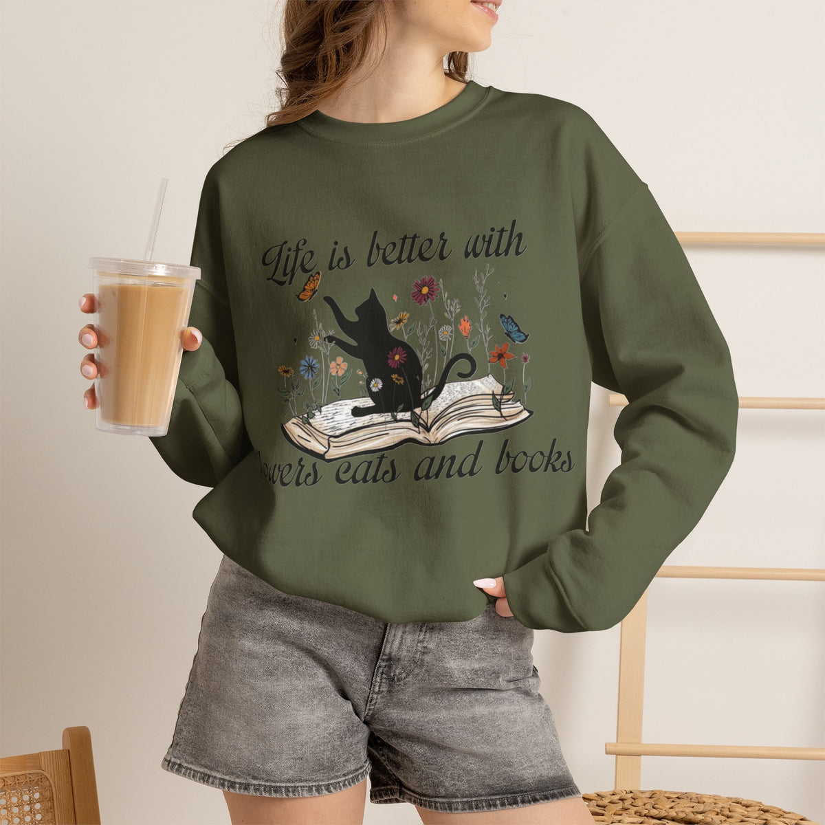 ORVIAN — Life Is Better With Flowers, Cats & Books Crewneck, Black Cat Book Stack Unisex