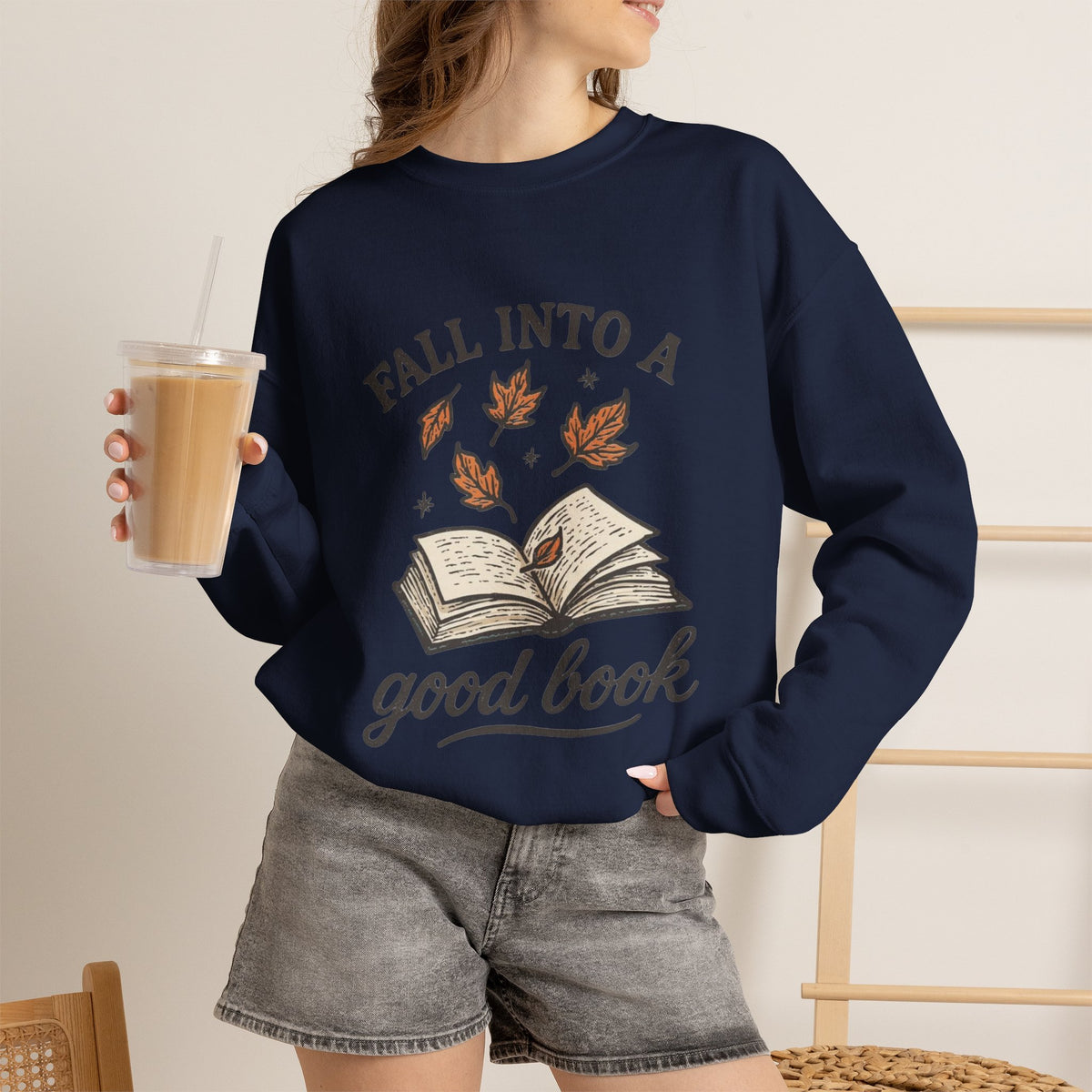 ORVIAN — Fall Into a Good Book Ghost Crewneck, Cozy Autumn Book Lover Unisex Heavy Blend