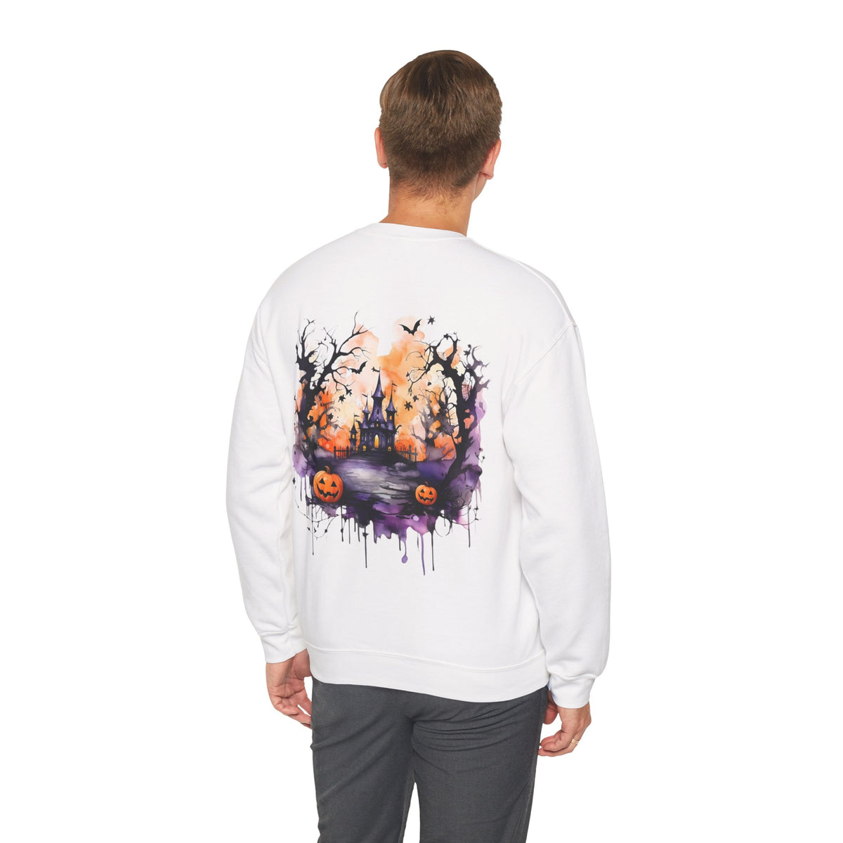ORVIAN — Watercolor Haunted Castle Halloween Crewneck, Purple Jack-o'-Lantern Unisex Heavy Blend