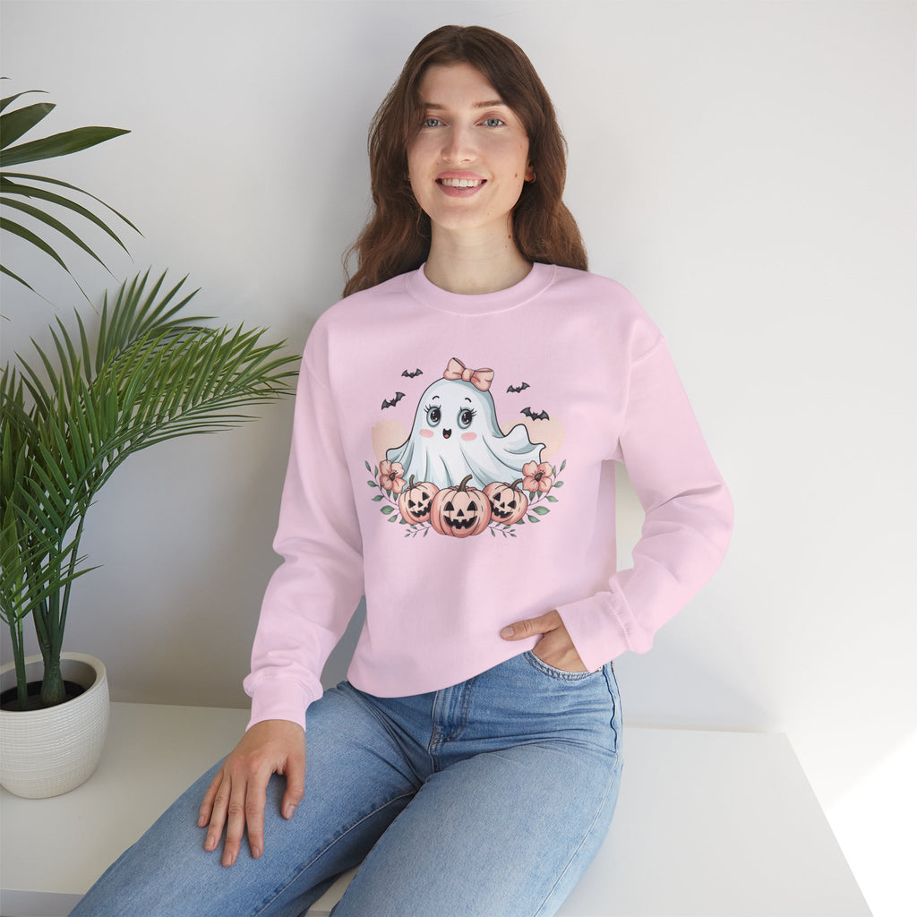ORVIAN — Pink Halloween Coquette Ghost Crewneck, Bow & Pumpkin Unisex Heavy Blend