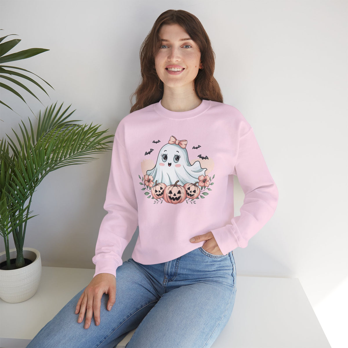 ORVIAN — Pink Halloween Coquette Ghost Crewneck, Bow & Pumpkin Unisex Heavy Blend