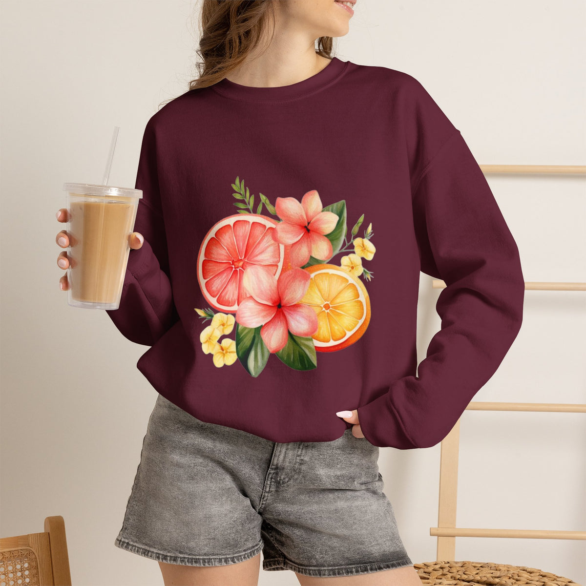 ORVIAN — Tropical Citrus & Pink Floral Crewneck, Grapefruit Orange Watercolor Unisex Heavy Blend