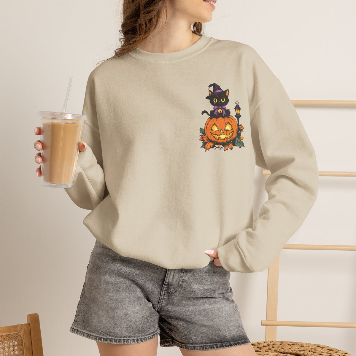 ORVIAN — Witch Cat Halloween Crewneck, Flying Black Cat & Pumpkin Patch Unisex Sweatshirt