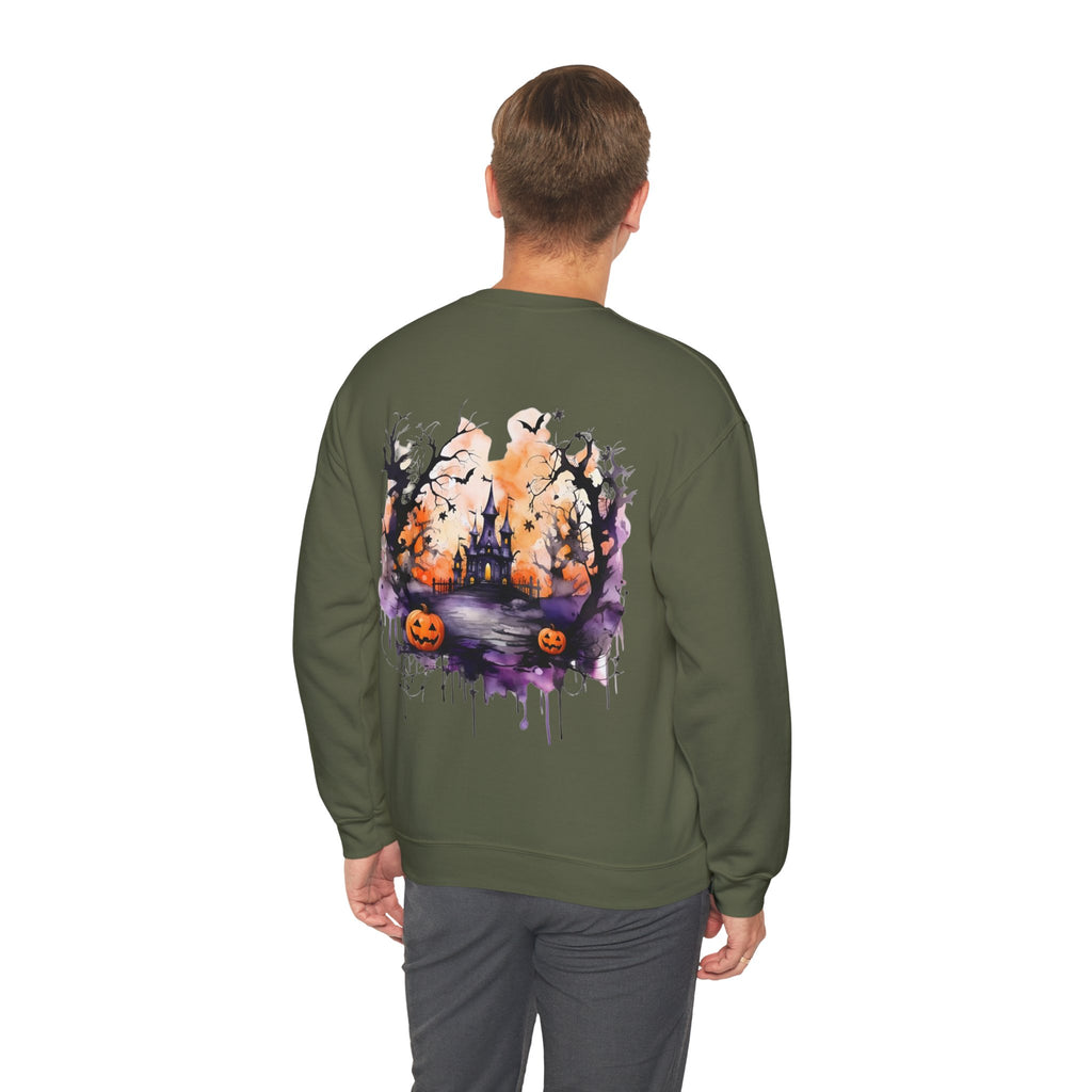 ORVIAN — Watercolor Haunted Castle Halloween Crewneck, Purple Jack-o'-Lantern Unisex Heavy Blend
