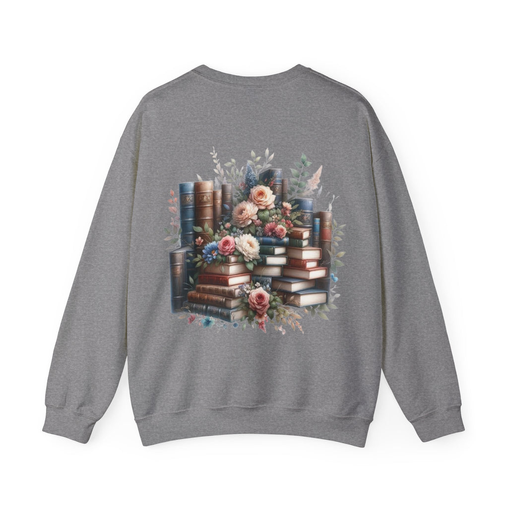ORVIAN — Blue Watercolor Floral Book Crewneck, Open Book Wildflower Literary Unisex Heavy Blend