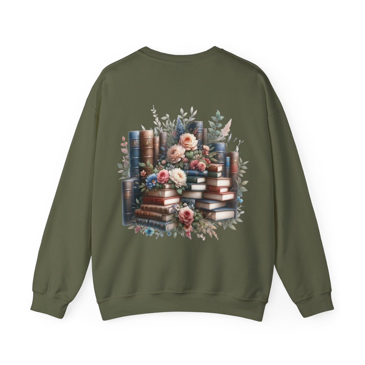 ORVIAN — Blue Watercolor Floral Book Crewneck, Open Book Wildflower Literary Unisex Heavy Blend