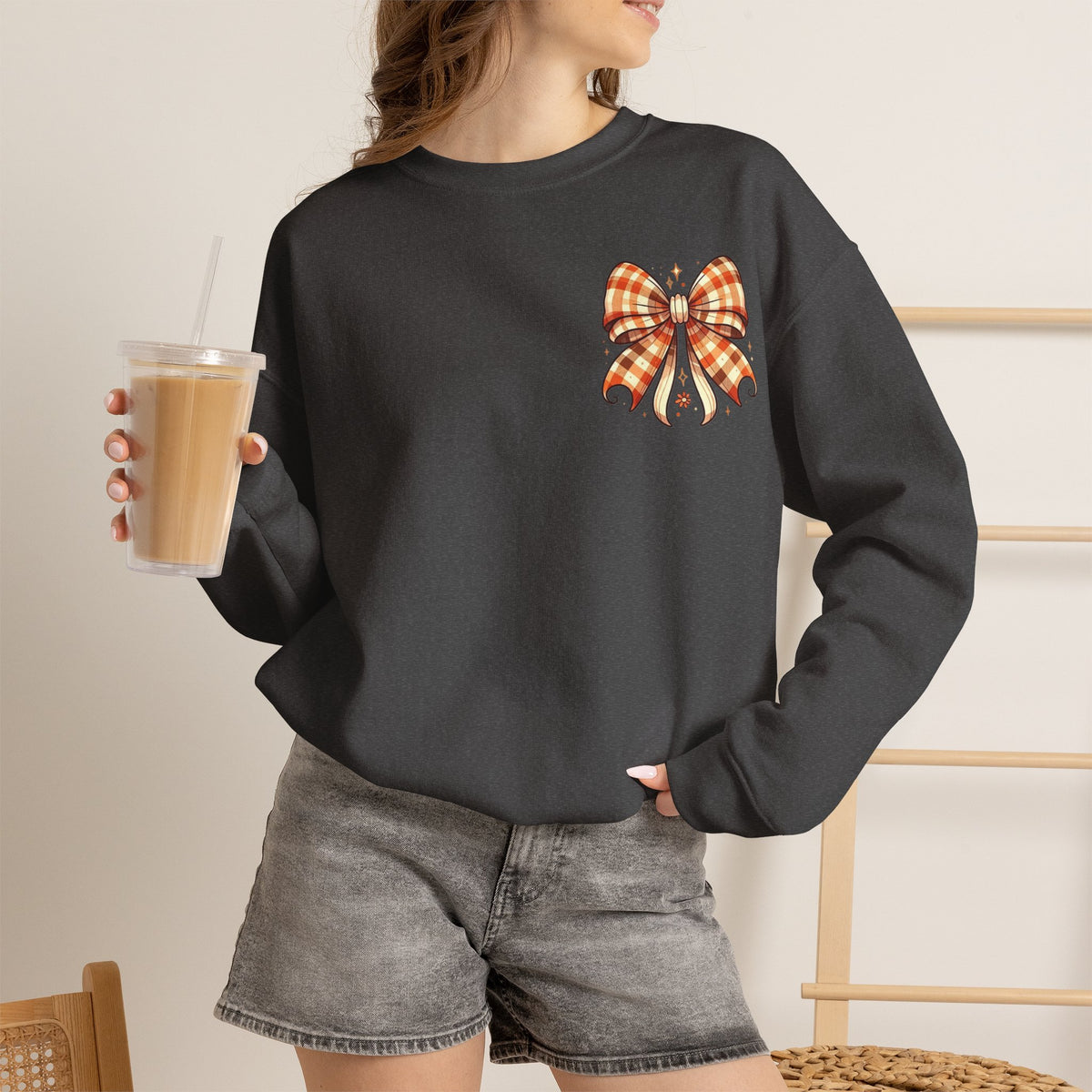 ORVIAN — Ghostly Coffee Break Coquette Bow Crewneck, Cozy Pumpkin Spice Halloween Unisex