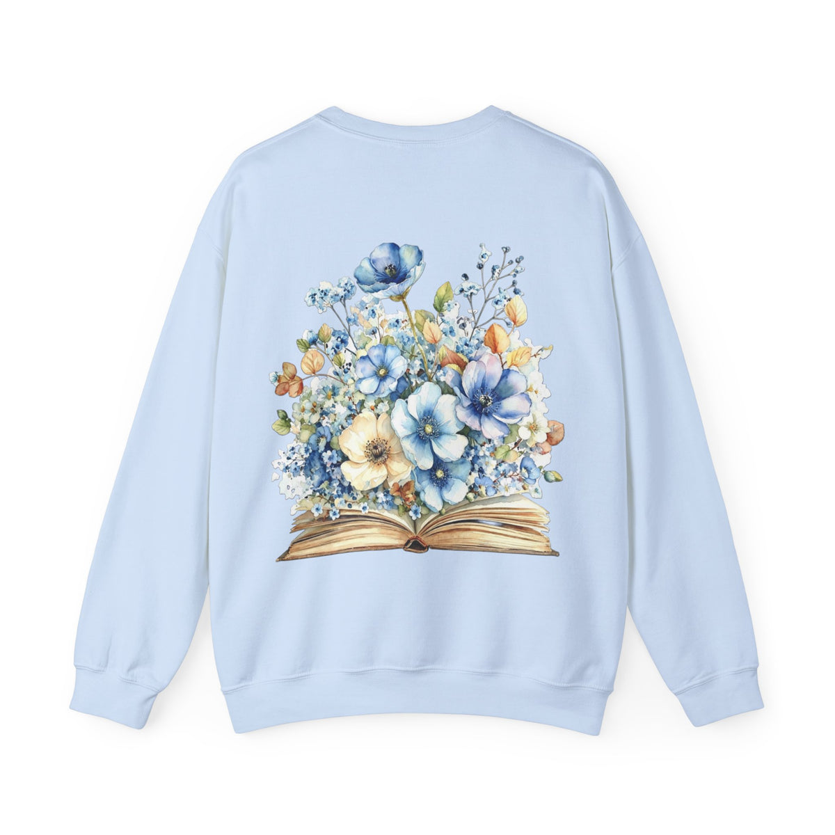 ORVIAN — Blue Watercolor Floral Book Crewneck, Open Book Wildflower Literary Unisex Heavy Blend