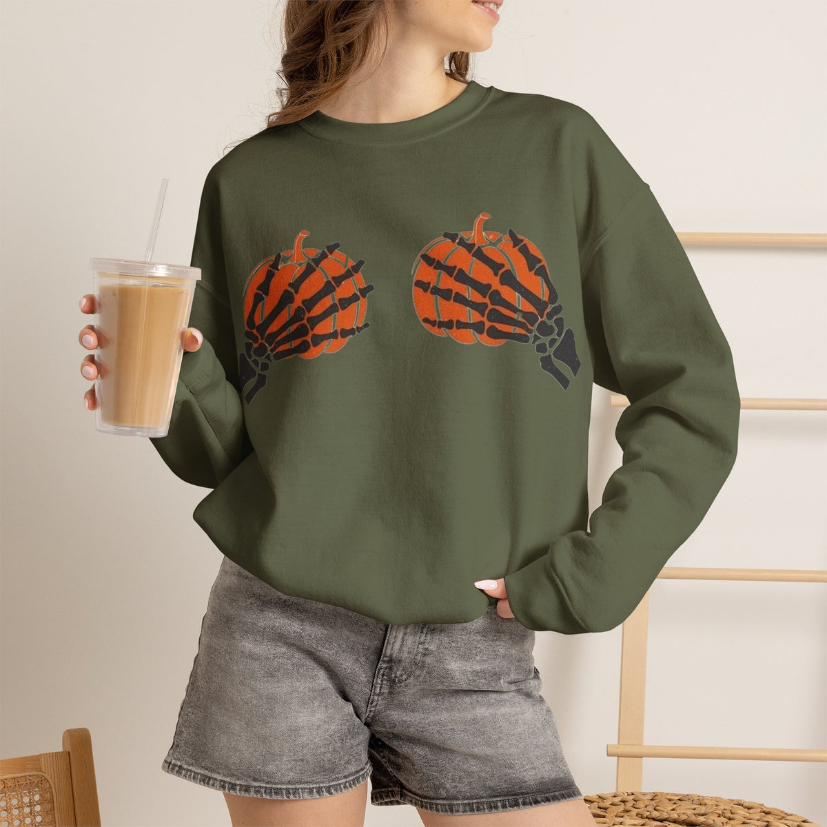 ORVIAN — Pumpkin Bra & Trick or Treat Halloween Crewneck, Skeleton Hands Unisex Heavy Blend