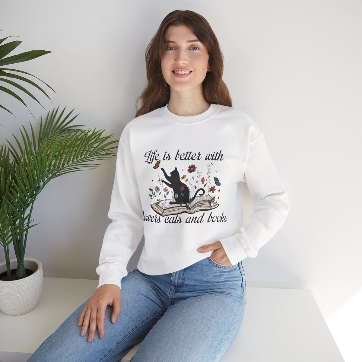 ORVIAN — Life Is Better With Flowers, Cats & Books Crewneck, Black Cat Book Stack Unisex
