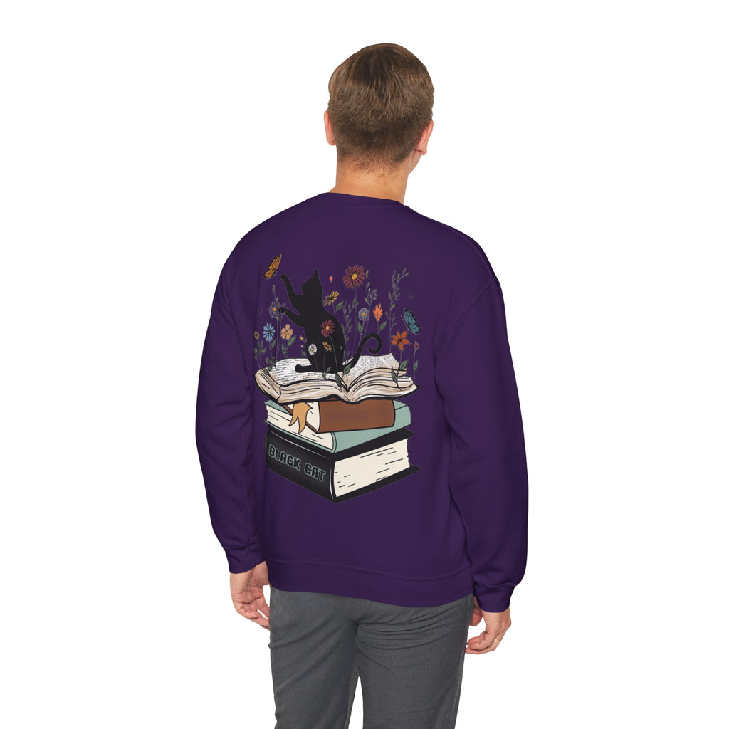 ORVIAN — Life Is Better With Flowers, Cats & Books Crewneck, Black Cat Book Stack Unisex