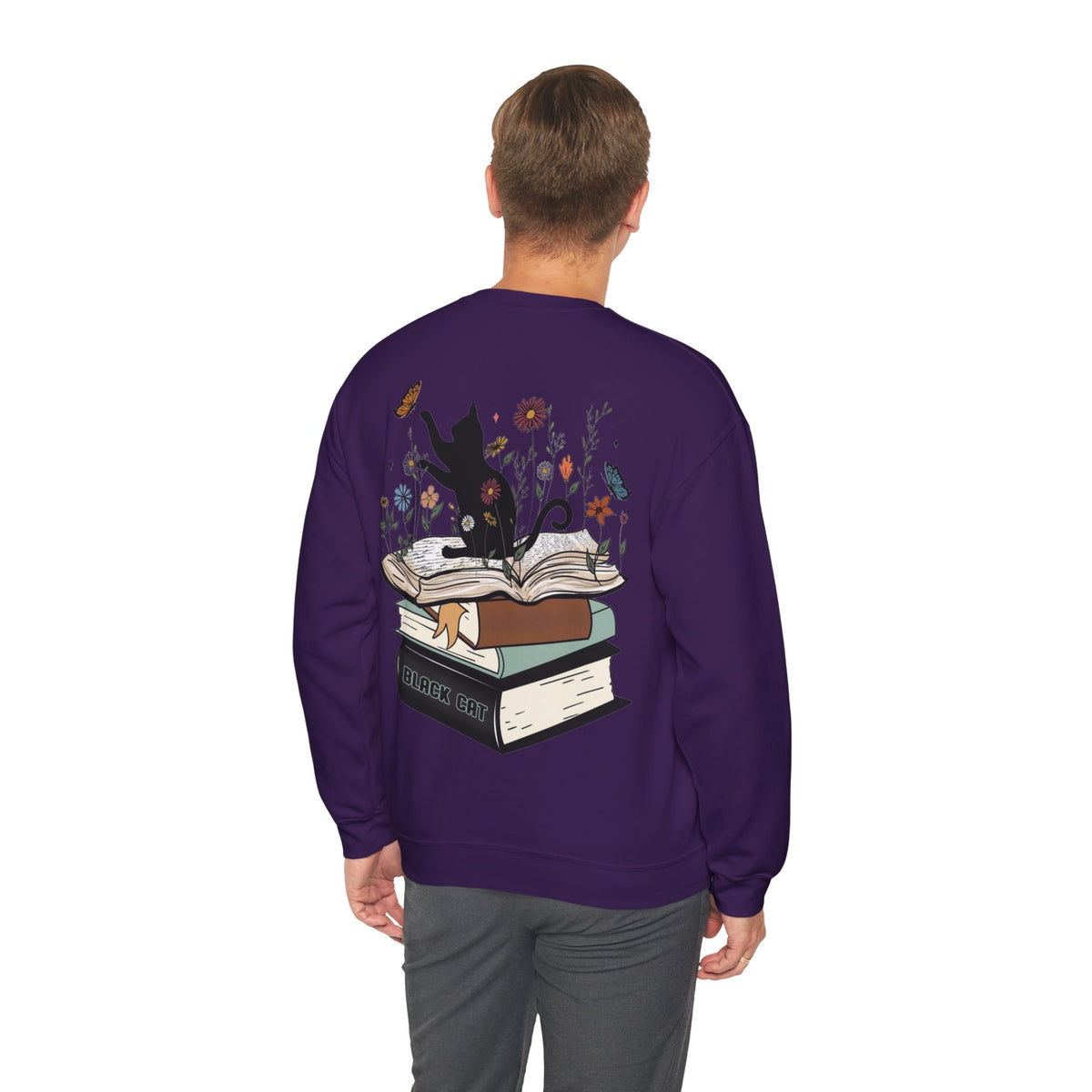 ORVIAN — Life Is Better With Flowers, Cats & Books Crewneck, Black Cat Book Stack Unisex