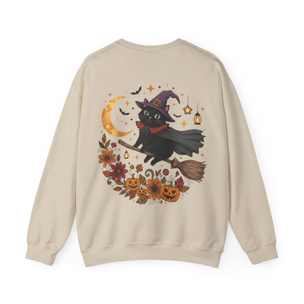 ORVIAN — Witch Cat Halloween Crewneck, Flying Black Cat & Pumpkin Patch Unisex Sweatshirt