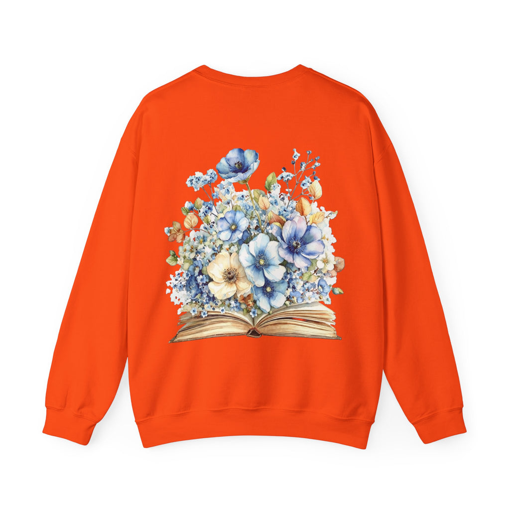 ORVIAN — Blue Watercolor Floral Book Crewneck, Open Book Wildflower Literary Unisex Heavy Blend