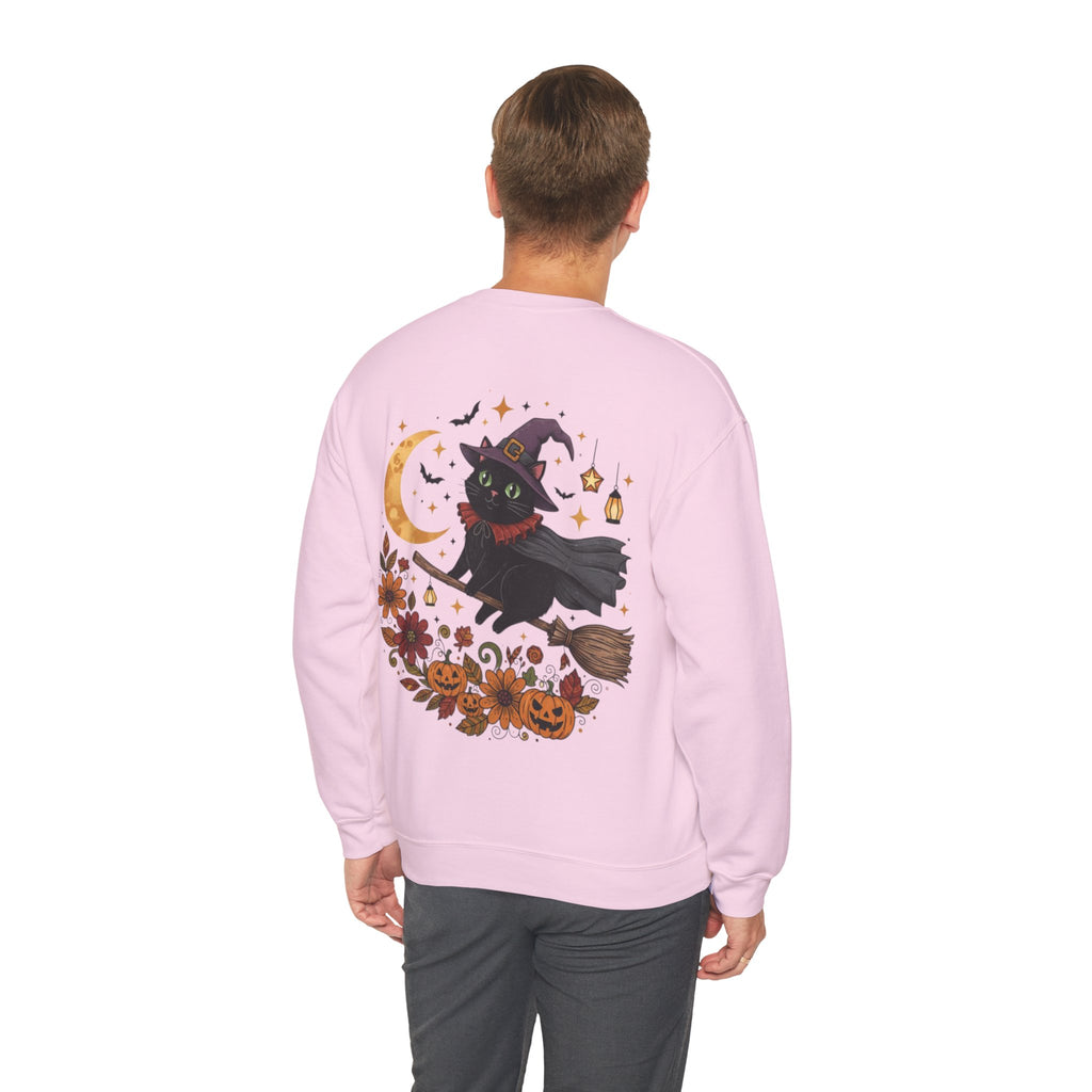 ORVIAN — Witch Cat Halloween Crewneck, Flying Black Cat & Pumpkin Patch Unisex Sweatshirt