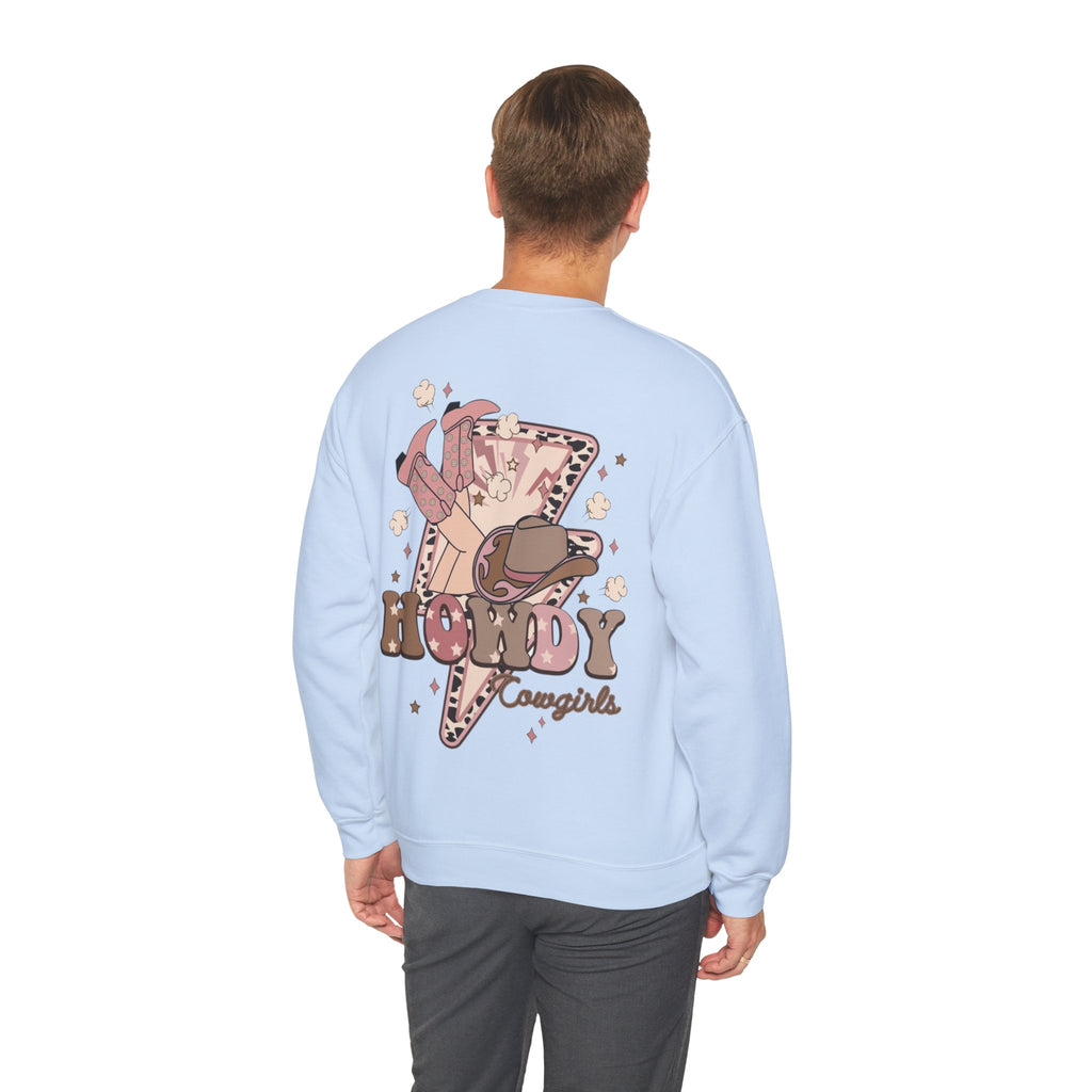ORVIAN — Howdy Cowgirls Western Crewneck, Leopard Lightning Bolt & Cowgirl Boots Unisex Heavy Blend