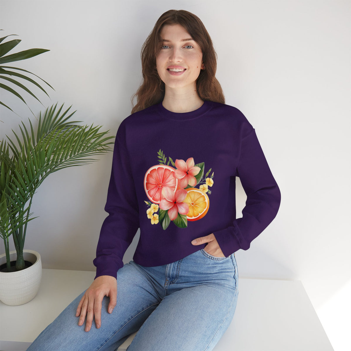 ORVIAN — Tropical Citrus & Pink Floral Crewneck, Grapefruit Orange Watercolor Unisex Heavy Blend