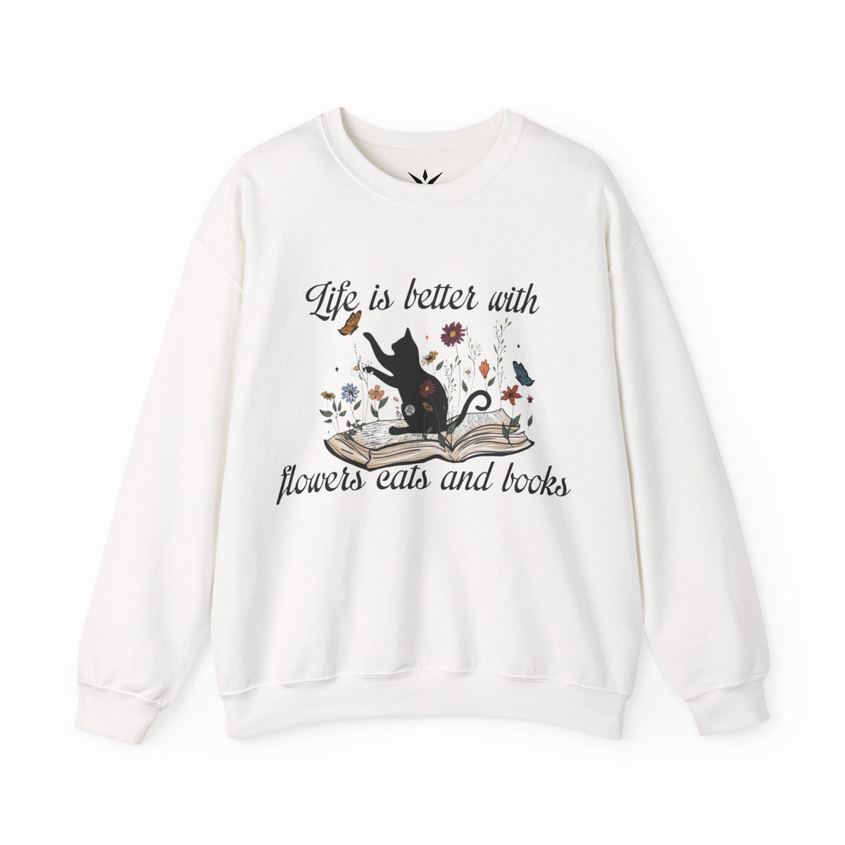 ORVIAN — Life Is Better With Flowers, Cats & Books Crewneck, Black Cat Book Stack Unisex