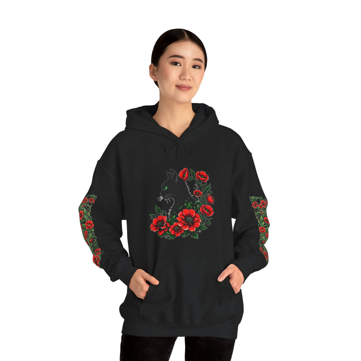 ORVIAN — Black Cat & Red Poppies Unisex Heavy Blend Hoodie