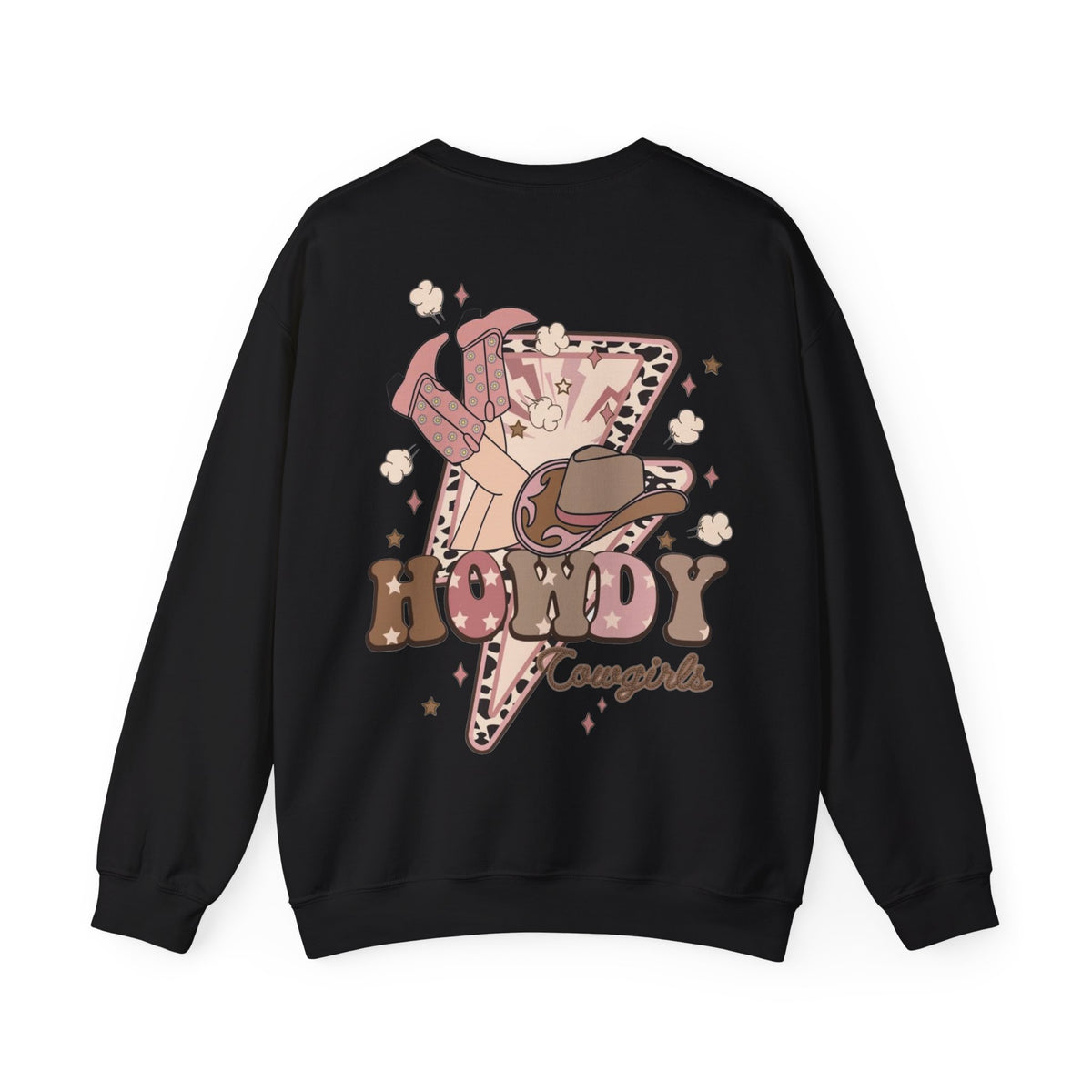 ORVIAN — Howdy Cowgirls Western Crewneck, Leopard Lightning Bolt & Cowgirl Boots Unisex Heavy Blend