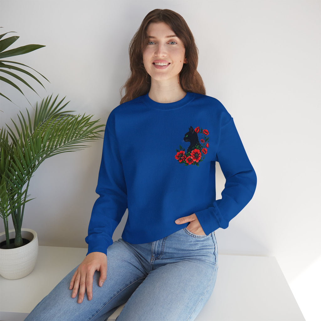 ORVIAN — Black Cat & Red Poppies Floral Crewneck, Elegant Nature Unisex Heavy Blend