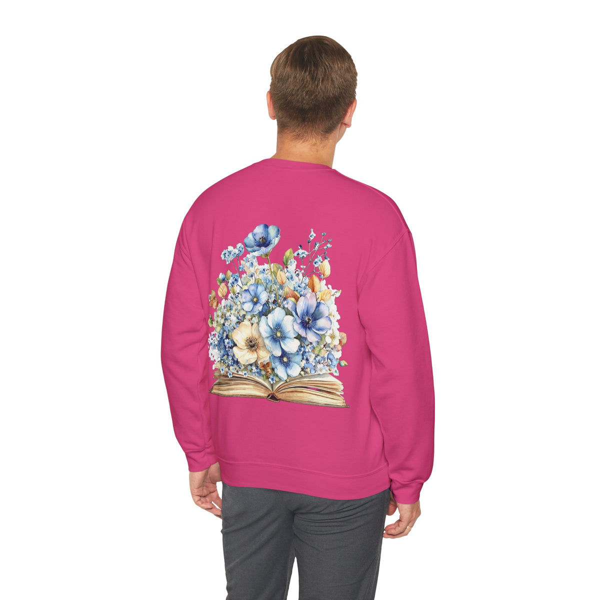 ORVIAN — Blue Watercolor Floral Book Crewneck, Open Book Wildflower Literary Unisex Heavy Blend